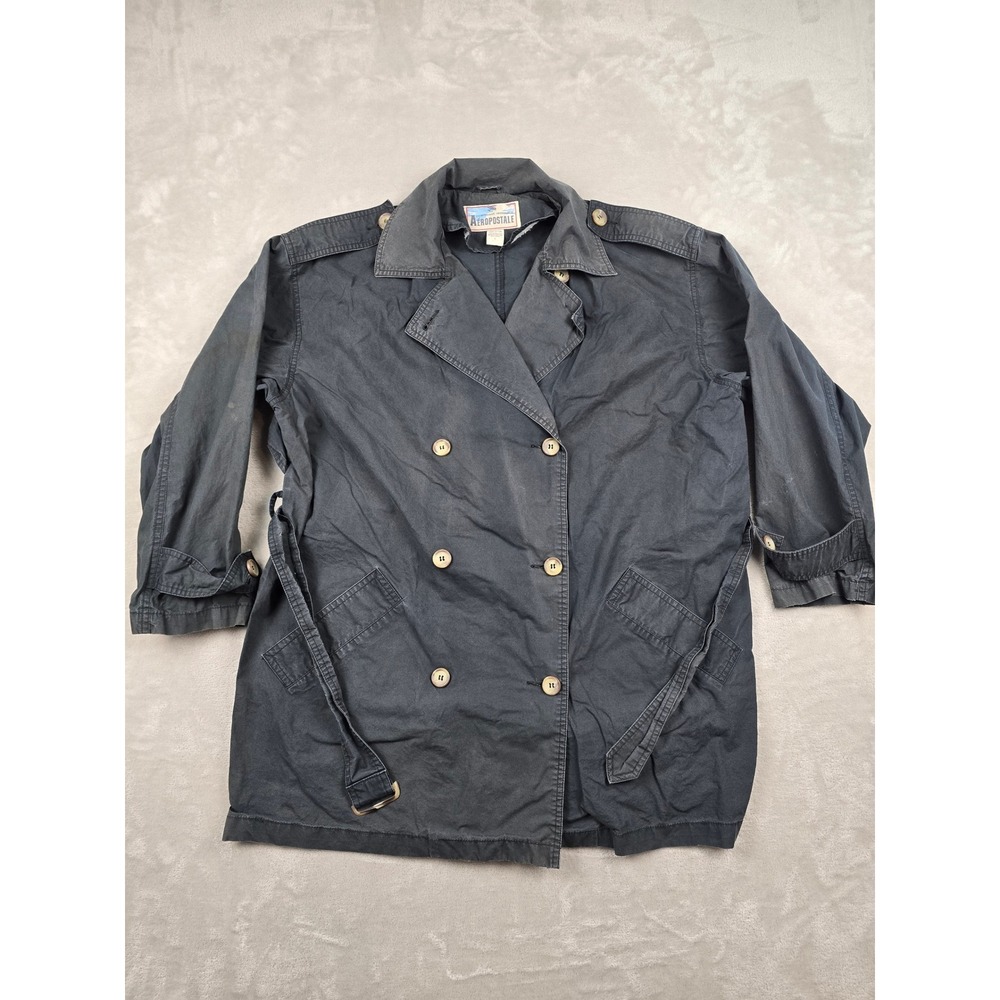 Vintage Aeropostale Trench Coat Women L Black Compagnie Generale Double Breasted